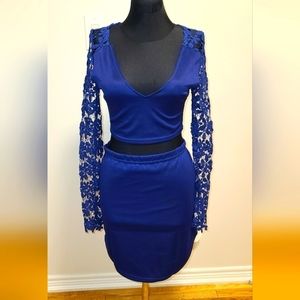 NWT REVERSE Crochet Crop top & asymmetric skirt Matching set in midnight blue M
